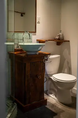 a bathroom with a sink and a toilet at Owl's Nest Suites in Carrying Place