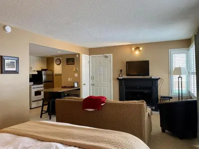 a bedroom with a bed and a living room with a fireplace at Quiet Hillside Studio - Wifi, Pool, Close to The Village in Blue Mountains