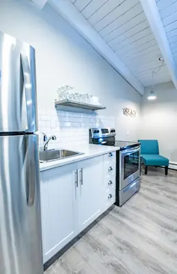 a kitchen with a stainless steel refrigerator and a sink at Boutique Suite #7 in Blue Mountains