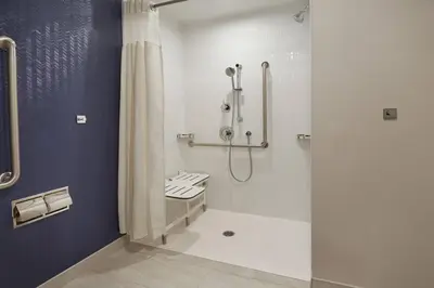 a bathroom with a shower and a toilet in it at Fairfield by Marriott Inn & Suites Orillia in Orillia