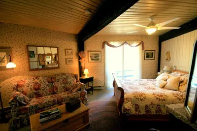 a living room with a couch and a bed at Stouffermill Bed & Breakfast in Algonquin Highlands