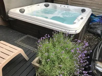 a hot tub sitting on a deck next to a plant at Love-nest With Private Hot Tub in Toronto