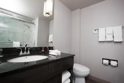 a hotel bathroom with a sink and a toilet at Niagara Falls Marriott on the Falls in Niagara Falls