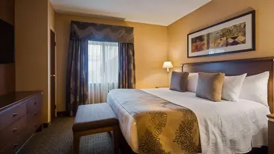 a hotel room with a large bed and a window at Best Western Plus Lamplighter Inn & Conference Centre in London