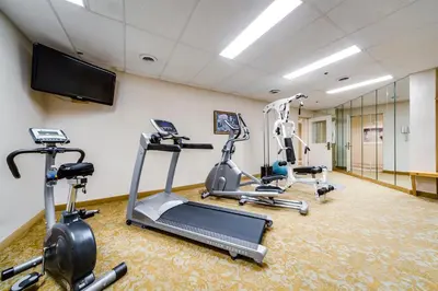 a gym with tread machines and a flat screen tv at Monte Carlo Inn Brampton in Brampton