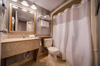 a bathroom with a toilet and a sink and a mirror at Monte Carlo Inn Vaughan Suites in Vaughan