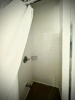 a bathroom with a shower with a tile floor at Royal Oak Inn in Toronto