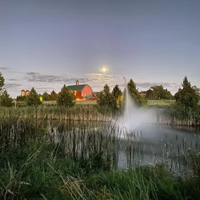 a pond with a fountain in front of a house at The Eddie Hotel and Farm in Bloomfield