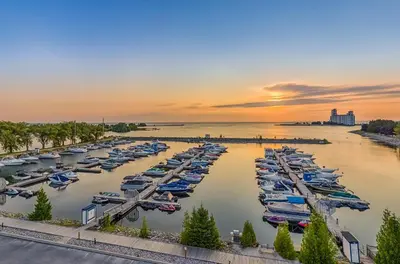 an aerial view of a marina at sunset at Living Water Resort & Spa in Collingwood