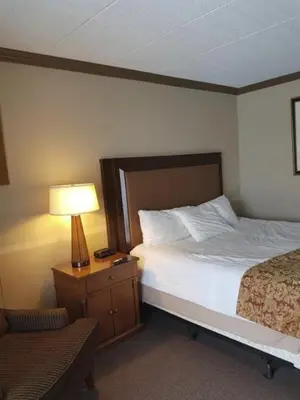a bedroom with a bed and a lamp and a chair at Owen Sound Inn in Owen Sound