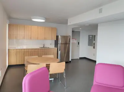 a kitchen with a table and purple chairs at Toronto Metropolitan University-Daphne Cockwell Complex Residence in Toronto