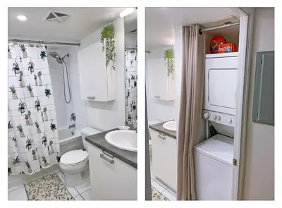 two pictures of a bathroom with a toilet and a sink at Cozy Condo in Centre of Downtown Toronto in Toronto