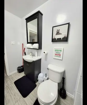 a bathroom with a toilet and a sink and a mirror at Staycation Studio Apartment, Private kitchen , Washroom, Micro Gym & Free Onsite Parking in London