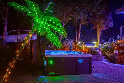 a palm tree and a hot tub in a yard at night at Nature Oasis BarMar 2BR Suite in Dundas close to Webster Falls in Dundas