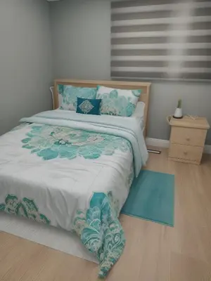a bedroom with a large bed with blue and white sheets at Classic & Luxury Private Detached Entire Home with Free WI-FI & T.V in Brampton