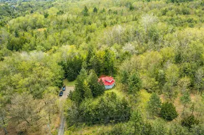 a house with a red roof in the middle of a forest at Spacious 3 Plus 1 Bedroom 2 Bath Cottage Retreat with Fire Pit and Pool Table in Brighton