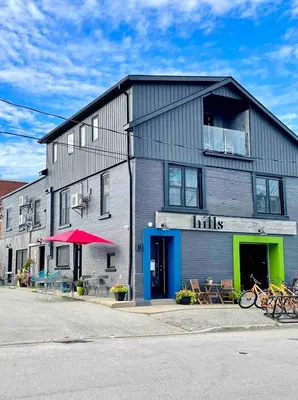 a building with a building with bikes parked outside at 
