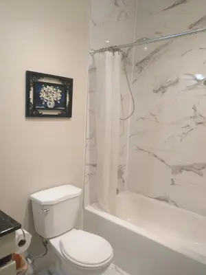 a white bathroom with a toilet and a shower at Lakeside Private suite-Queen bed room in Tottenham