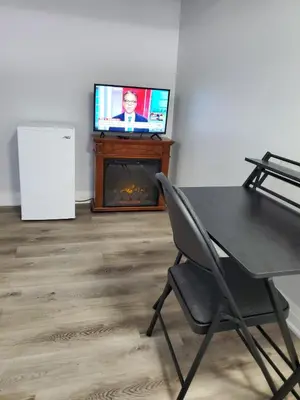a room with a table and a television and a fireplace at Maxwell Esabu in Toronto
