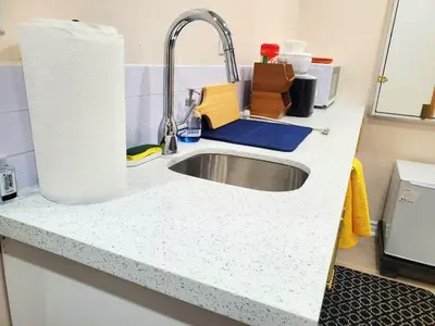 a kitchen counter with a sink and a roll of paper towels at Cozy & Convenient Studio Apartment in Pickering